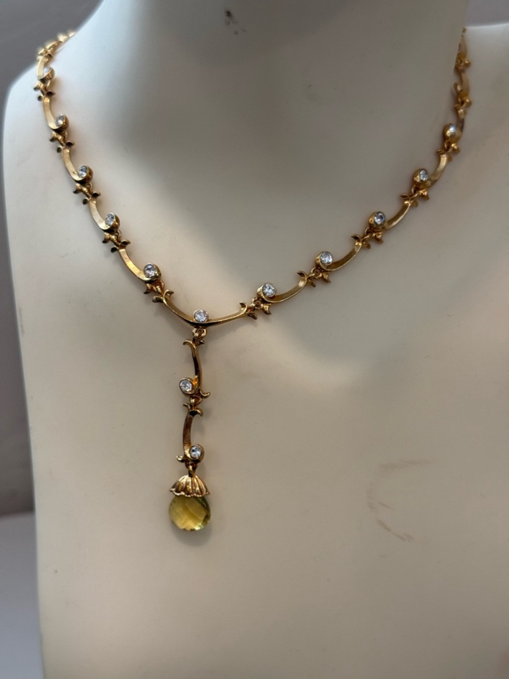Goldtone Y Drop Necklace Citrine Colored Briolette and Clear Rhinestones Faceted